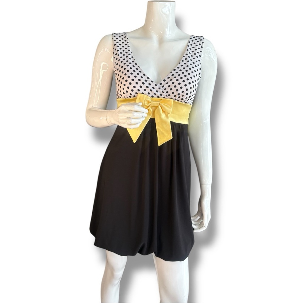 Taboo Black, White Polka Dot, Yellow Bow Mini Party Dress. Women’s Size Small